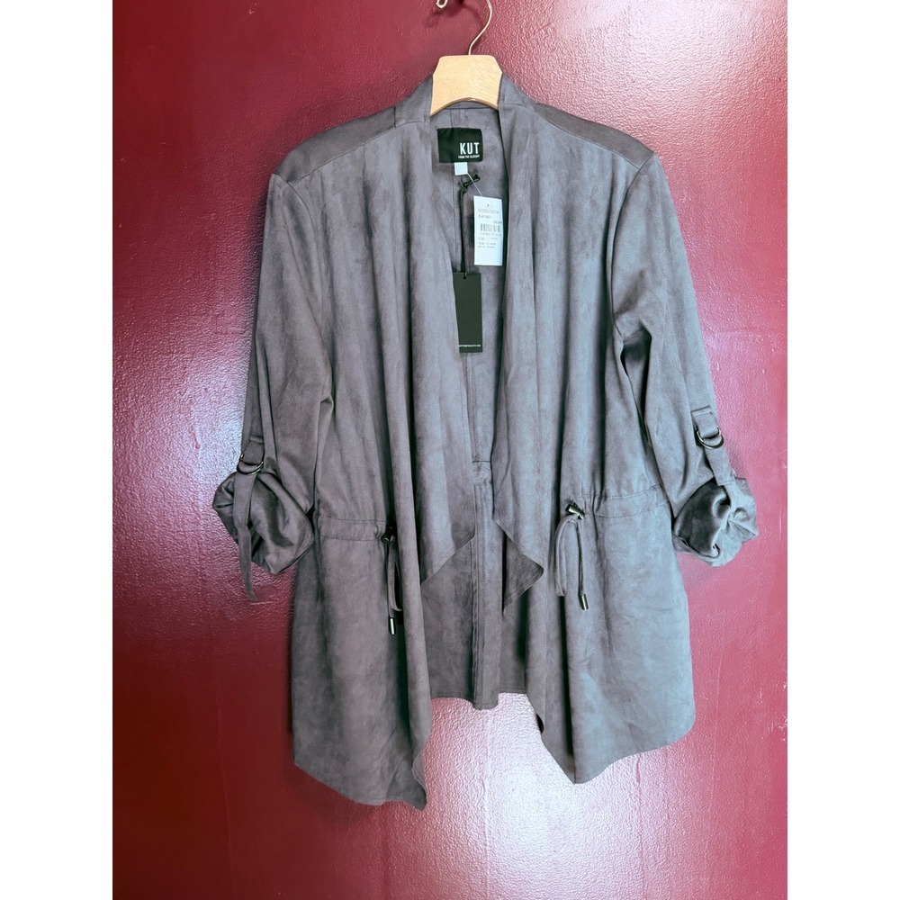 KUT from the Kloth Faux‎ Suede Drape Front Jacket Dark Gray Women's Size Large